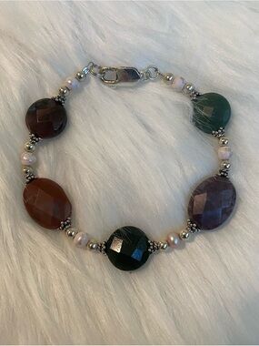 🍀925 Multicolor Faceted Glass Stone Bead Bracelet
